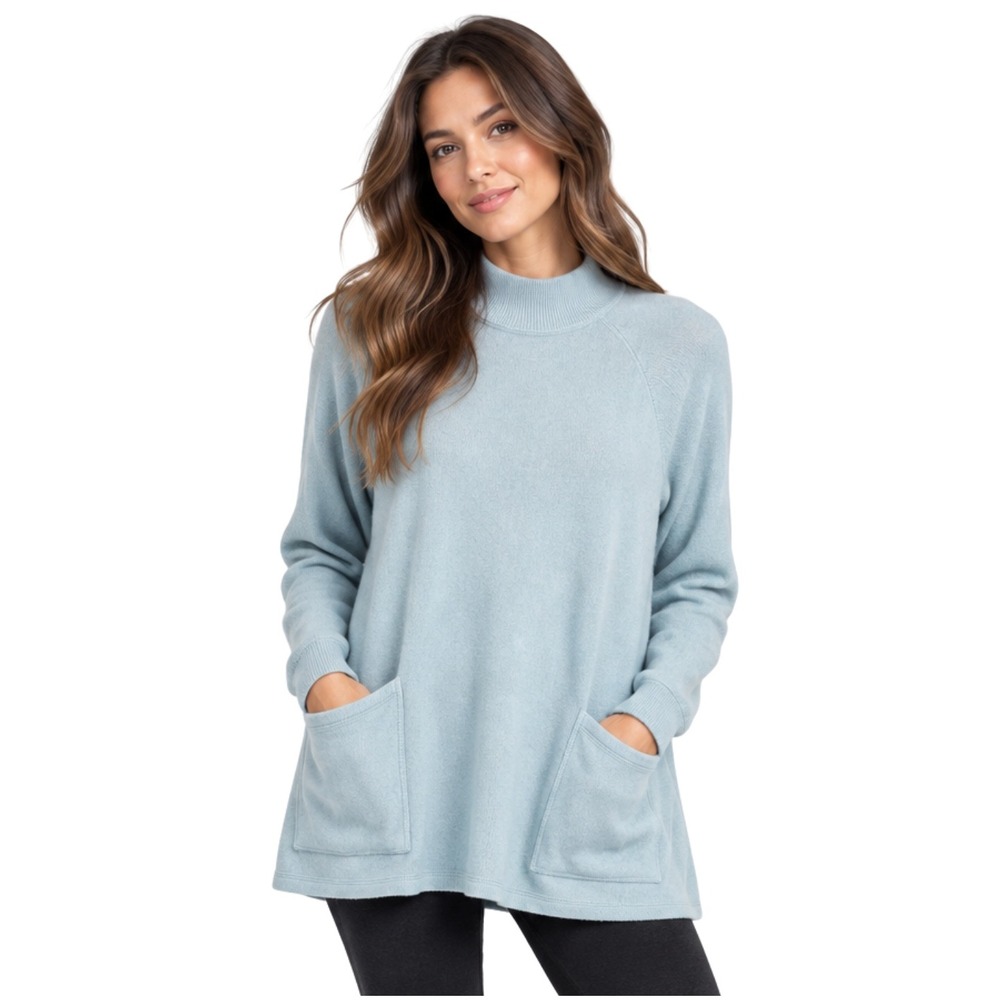 J. Jill Sweater Small Light Blue 100% Cashmere Mock Neck Tunic Pockets Minimal